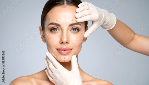 A woman with markings on her face, being examined by gloved hands.  Close-up, studio shot
