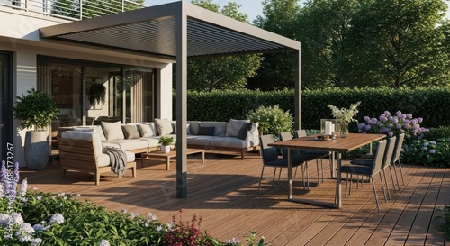 Photo of a modern pergola shades a stylish outdoor living space, complete with comfortable sofas, a dining table, and lush greenery, creating an inviting atmosphere for relaxation and entertainment