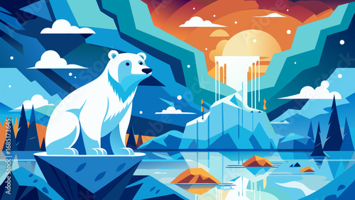Polar bear sitting on an ice platform in a melting Arctic landscape with dramatic sunset, symbolizing climate change and global warming