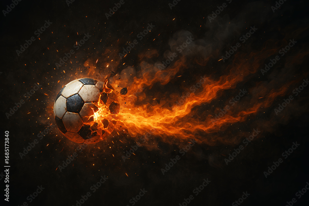 Fototapeta premium A soccer ball bursts into flames mid-air with a fiery explosion and glowing trail, set against a dark background. Concept of energy, power, and impact