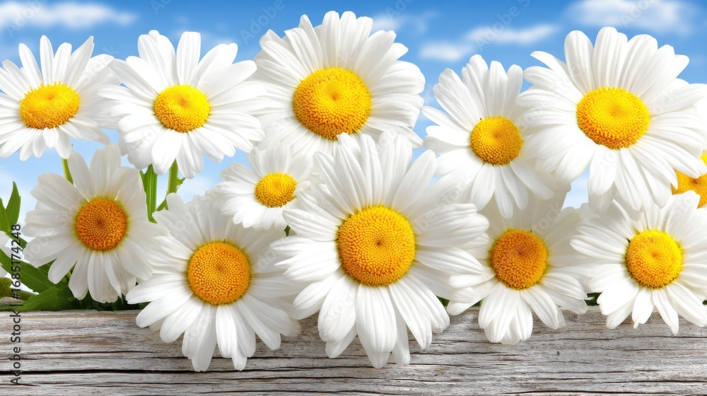 Obraz premium Vibrant white daisies blooming against a blue sky nature photography outdoor environment close-up view floral beauty