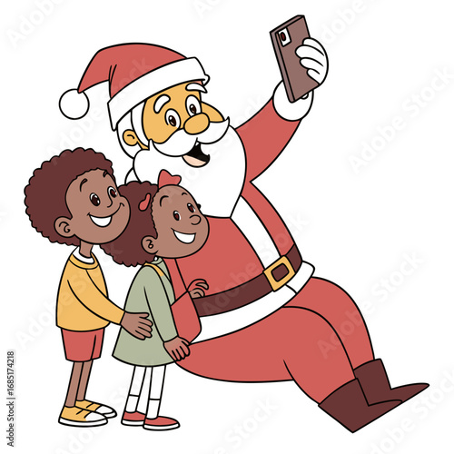 Santa Claus sitting, hugging two smiling children, holding cell phone for selfie.