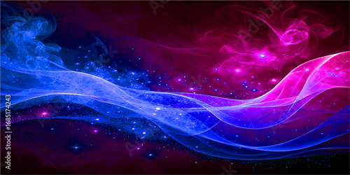 An abstract fractal design with flowing waves of blue and purple smoke creates a cosmic light motion backdrop