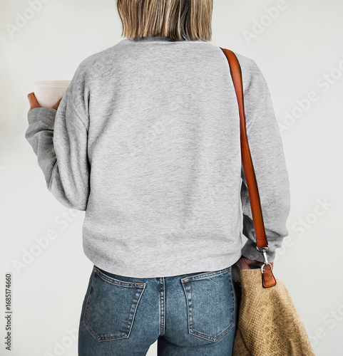 Back blank gray sweatshirt mock up isolated. Female wear plain hoodie mockup. Empty hoody design presentation. Grey backside sweat ready for print. Athletic Heather Gray Sweater t shirt template