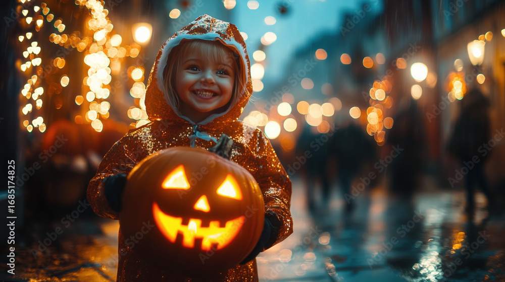 Obraz premium children in cute Halloween costumes trick-or-treating at decorated houses, glowing pumpkins, warm street lights
