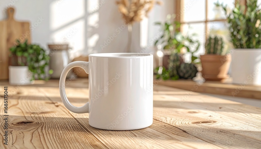 Obraz premium White Mug on Wooden Table in Sunlit Kitchen