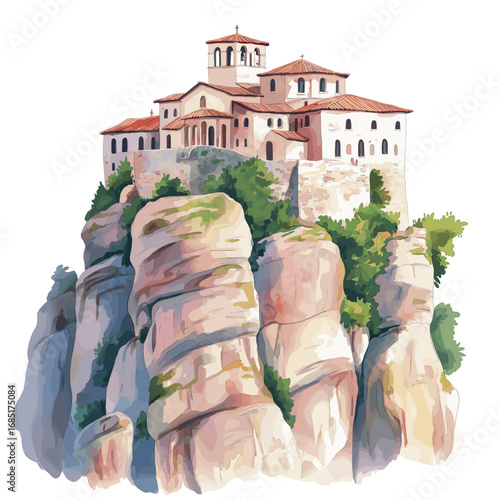 Meteora Monasteries. Meteora Monasteries watercolor vector illustration