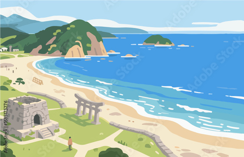 Japanese style architecture and scenery, vector graphics