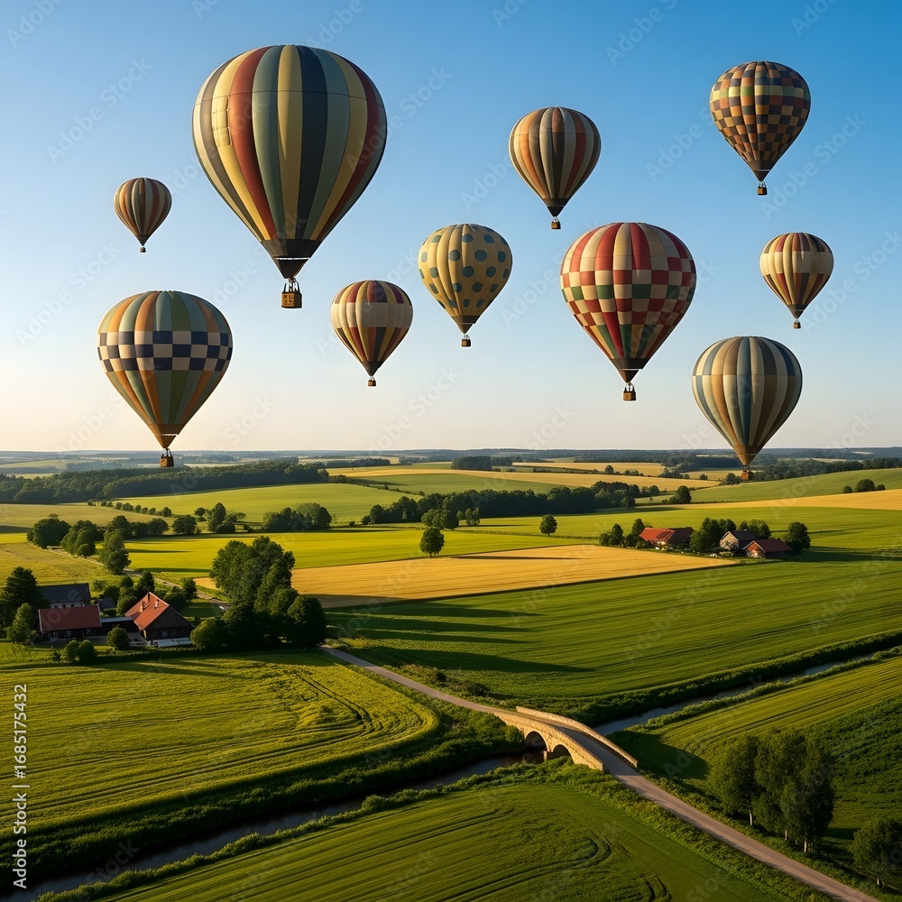 Naklejka premium Hot air balloons soaring above the lush green fields on a bright sunny day scene