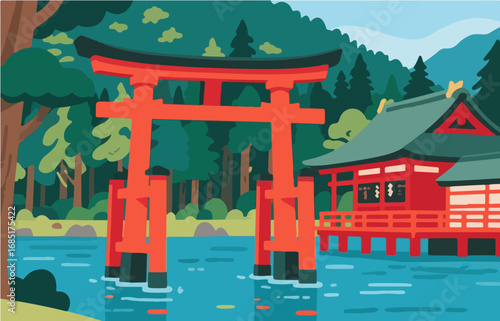 Japanese style architecture and scenery, vector graphics