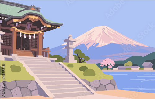 Japanese style architecture and scenery, vector graphics