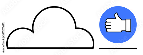 Minimalist cloud shape next to thumbs-up in a blue circle, symbolizing positivity, success, agreement, online presence, social media interaction, cloud storage, and digital communication. Ideal