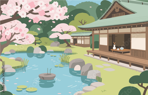 Japanese style architecture and scenery, vector graphics