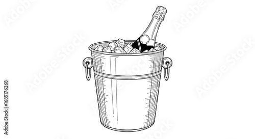 Champagne bottle in ice bucket black and white illustration