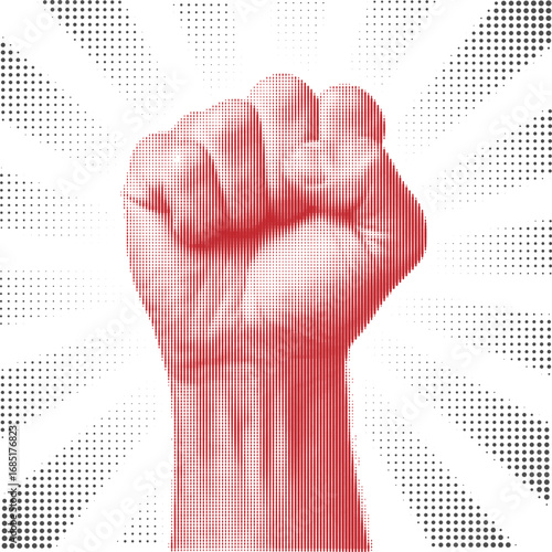 Hands with clenched fists raised in halftone style.