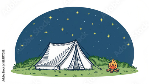 Camping tent and campfire under starry night sky vector