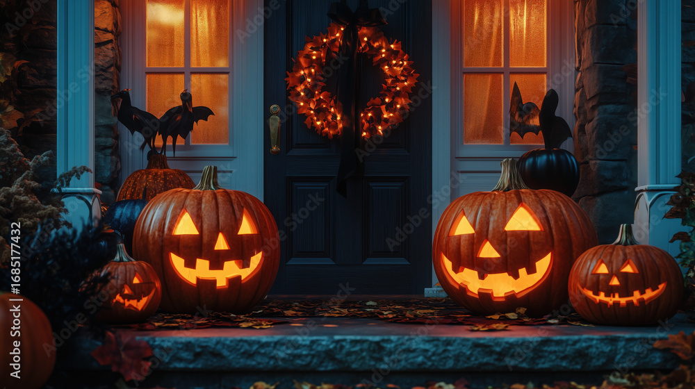 Obraz premium a cheerful Halloween porch, friendly carved pumpkins, wreath with black and orange ribbons, festive night atmosphere