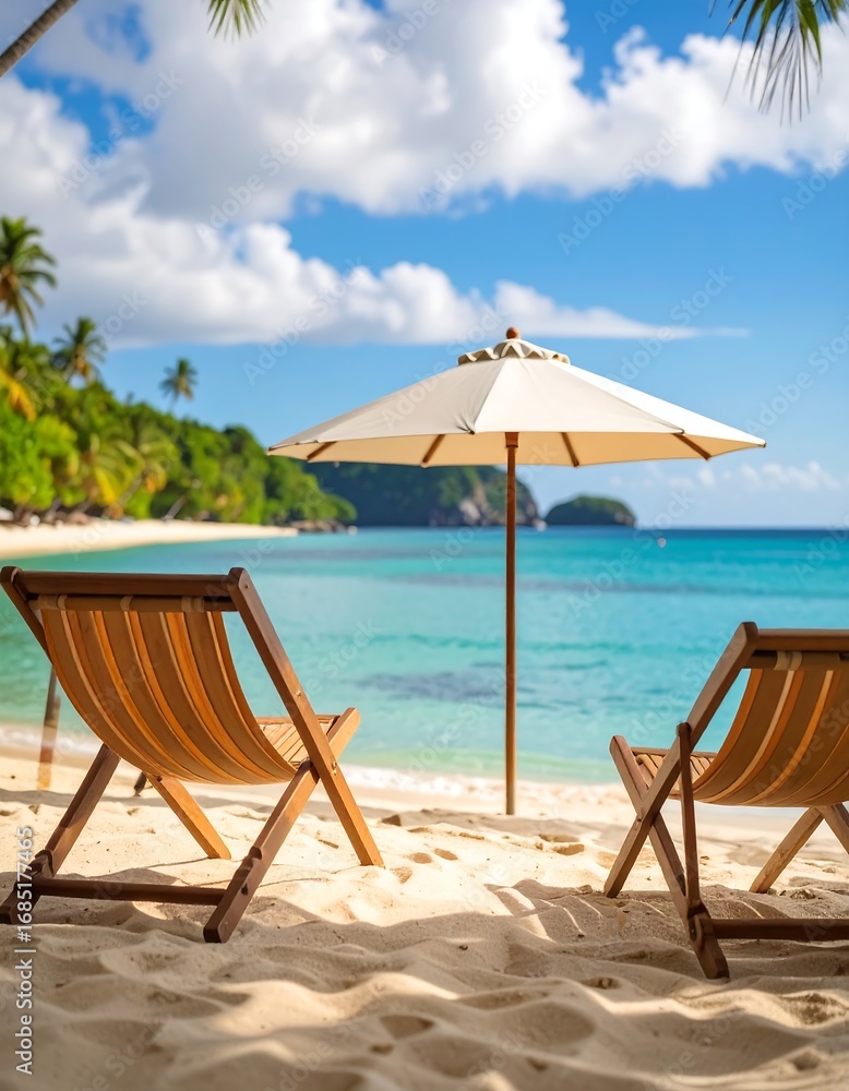 Obraz premium Tropical beach scene with sun loungers and umbrella