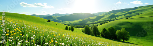 Green Hills With Flowers Bright Sunny Day Peaceful Countryside Ultra Detailed