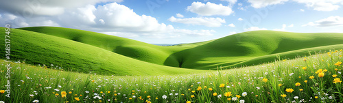 Green Hills With Flowers Bright Sunny Day Peaceful Countryside Ultra Detailed