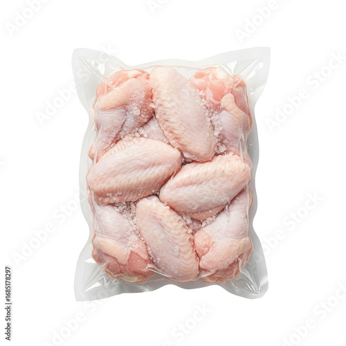 Photo of a clear plastic bag filled with raw frozen chicken wings, covered in frost, isolated on a transparent background