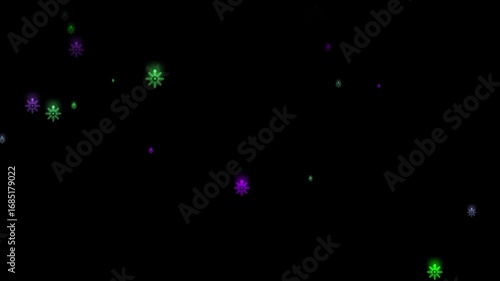 Frosted Neon Snowflakes in Bright Green, Purple, and Grey on a Dark Background