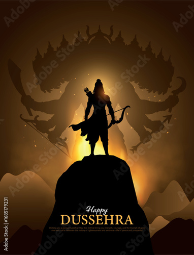 Happy Dussehra festival of India poster design. Lord Rama killing Ravana. Creative vector illustration.