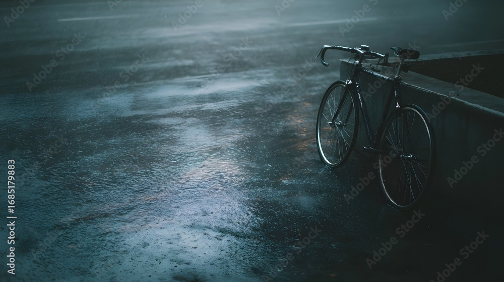 Obraz premium A lone bicycle stands parked beside a wet urban road at night with reflections on the glistening surface under the dark rainy sky