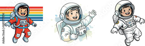 Cartoon child astronauts in colorful space suits exploring with cheerful expressions, isolated on artistic backgrounds, playful vector illustration for kids content
