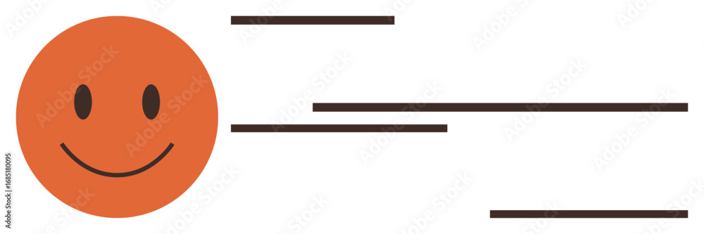 Fototapeta premium Orange smiling face alongside horizontal speed lines implying movement, speed, and optimism. Ideal for positivity, energy, efficiency, momentum, happiness, cheerfulness and simple flat metaphor