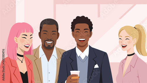 Joyful diverse group of professionals laughing together, showcasing teamwork and positive social interaction in a modern setting.