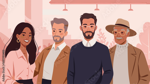 Diverse Group of Multi-Generational Professionals Standing Together in Modern Flat Illustration Style