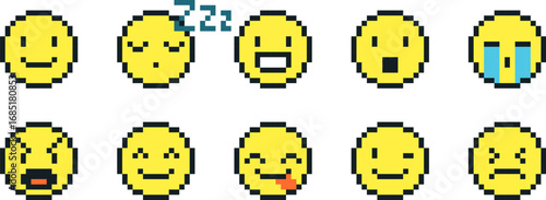 Emoji emoticon pixel art positive and negative expression vector icons set, yellow black outline face, retro 8bit avatar