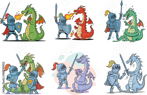 Cartoon knights interacting with colorful dragons in playful fantasy scenes including battles, dancing, friendship, fire breathing, and medieval adventure moments