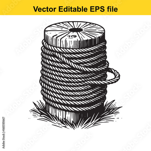 Wooden post with coiled rope in grass, vector illustration