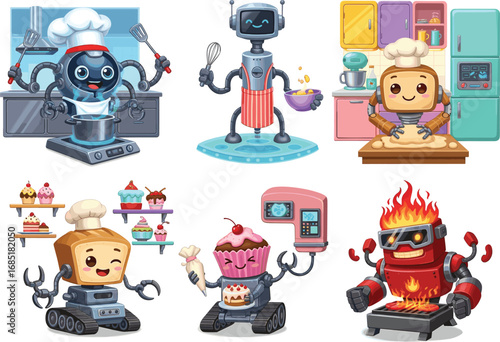 Cartoon robots cooking and baking in kitchen, cute AI chef characters preparing food, futuristic culinary technology vector illustration set