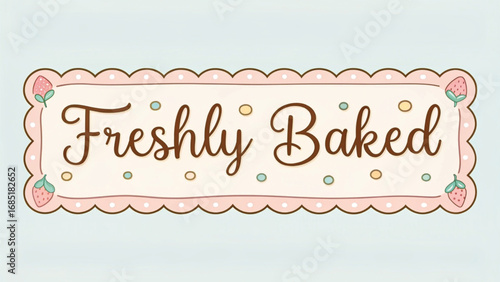 Freshly Baked Sign with Strawberries and Dots lettering