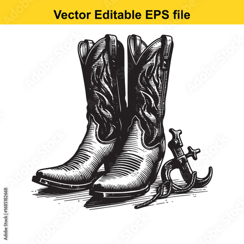 Pair of cowboy boots and spur isolated on white background