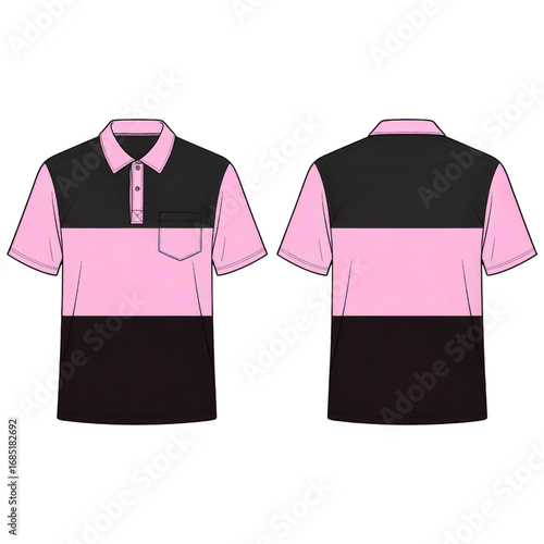 Modern polo shirt design with black, pink, and white color scheme, perfect for apparel branding