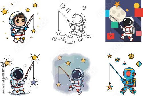 Creative astronaut fishing for stars in space, cosmic fantasy scene with galaxy background, dreamy surreal vector illustration for imagination and adventure