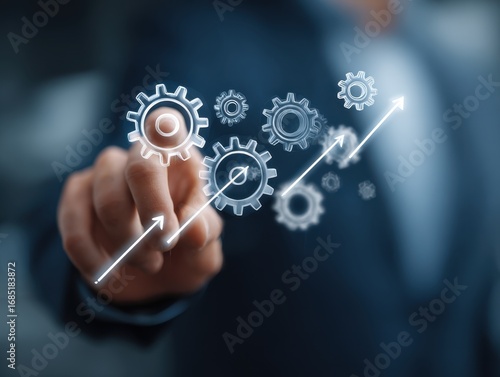 Productivity and Automation Strategy for Business Success. Businessman hand showing digital gears and arrows. system optimization, growth performance, and innovation in digital transformation