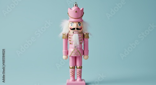 Pink wooden nutcracker figure against light blue background