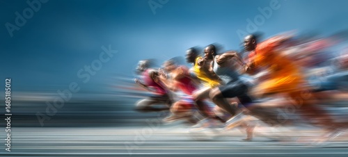 Wallpaper Mural Group of People Sprinting Outdoors with Motion Blur, Dynamic Athletic Movement, Energetic Sports Action, Clear Negative Space on Left for Text, Elegant and Minimalist Tech Style Torontodigital.ca