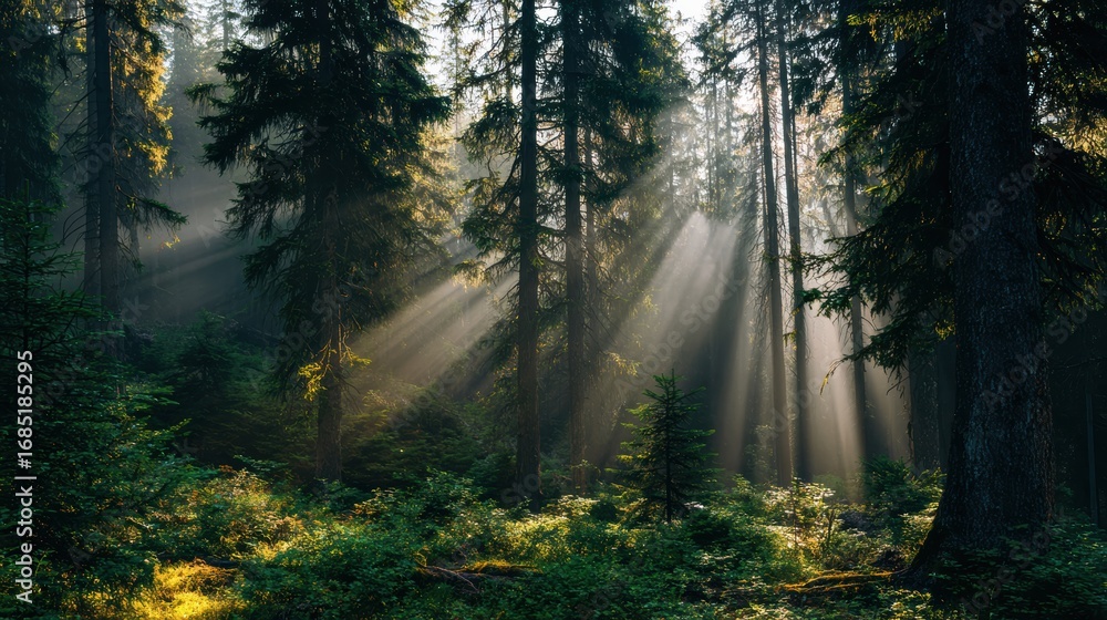 Fototapeta premium Sunlight filters through tall trees, illuminating a serene forest, creating a peaceful and enchanting atmosphere.