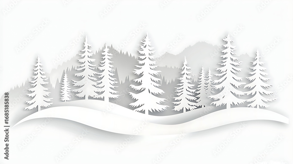 Fototapeta premium A Minimalist Paper Cutout Winter Landscape White Trees and Snow Drifts Under a Pale Sky, Clean Design