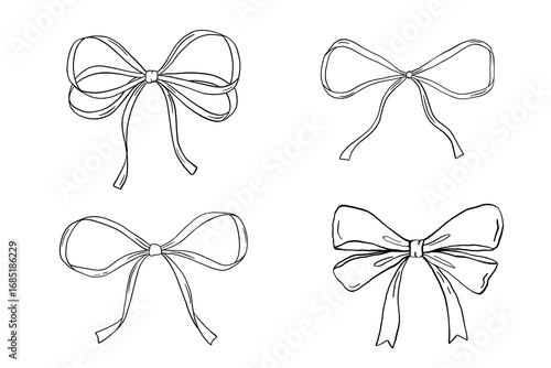 Coquette bow outline drawings set, vector sketchy illustration isolated on white, cute icon