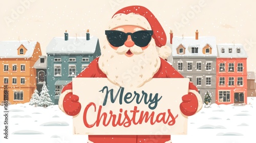cool santa claus with merry christmas sign on city background illustration