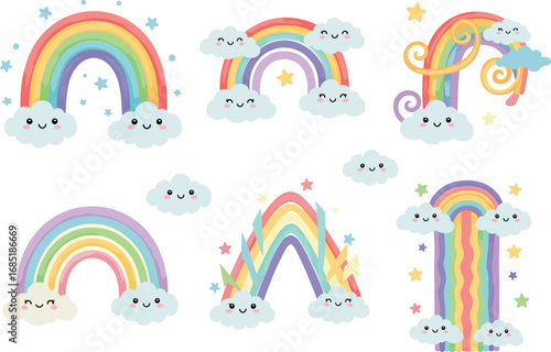 Cute cartoon rainbow illustrations with smiling clouds and stars, colorful arcs, playful shapes, and cheerful designs for kids and decor