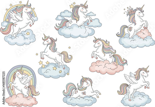 Cute cartoon unicorns with pastel rainbow manes in magical cloud and star scenes, flying, prancing, and posing in whimsical fantasy art