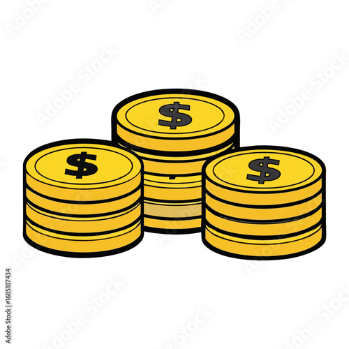 Cartoon gold coin with dollar sign illustration, Stacks of Golden Coins Illustration